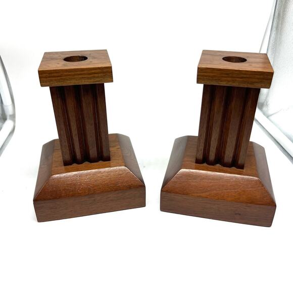 Vintage MCM Paired Wooden CandleStick Holders Square Clean Lines - Picture 6 of 10